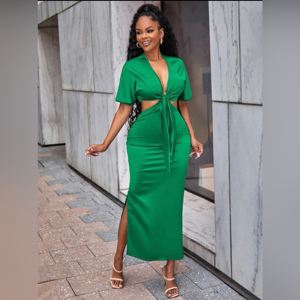 SHEIN tie front satin top and slit skirt